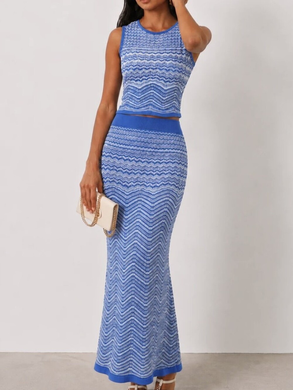 Commense Sleeveless Knit Top + Skirt Maxi Set Chevron Print Blue M NWT